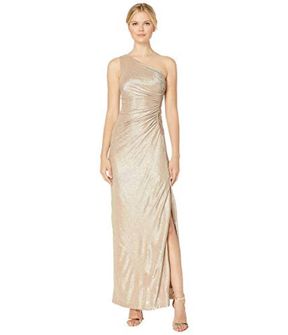 Calvin Klein One-Shoulder Gown with Side Ruching and Beaded Detail – Women’s Formal Dresses for Special Occasions, Buff/Silver 2, 14