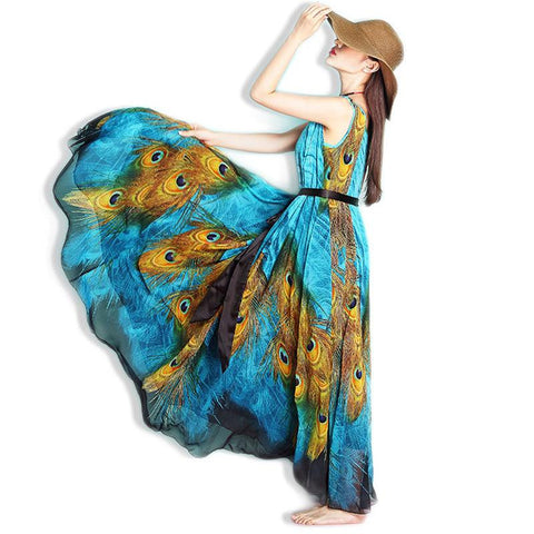 Peacock Print Long Maxi Beach Dresses