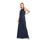 Adrianna Papell Womens Art Deco Beaded Blouson Dress with Halter Neckline, Navy, 4